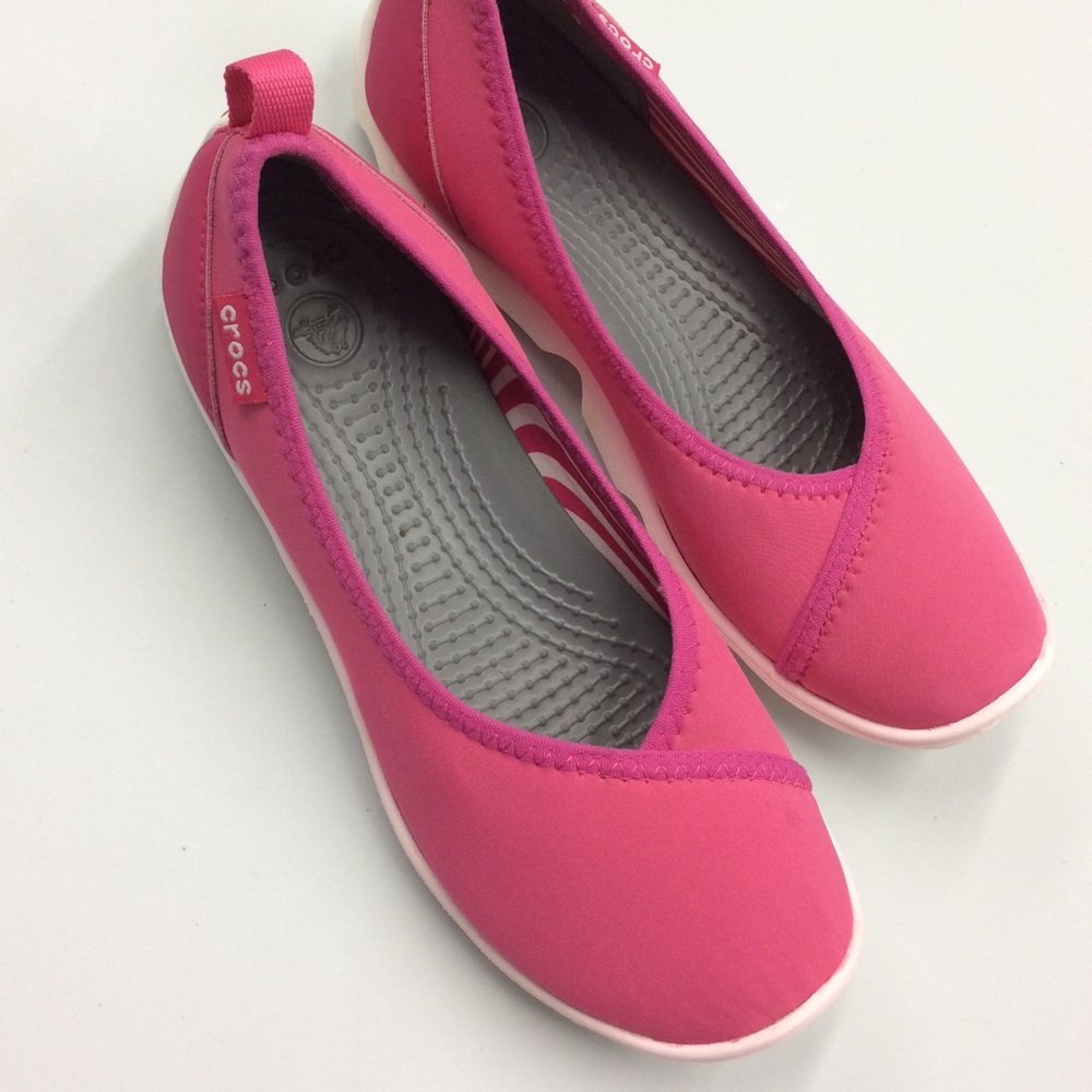CROCS Size 6 Pink and White Shoes